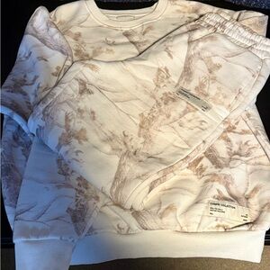 NWOT, never worn. Comfrt white oak camo crew sweatshirt (XL) and sweatpants (L).